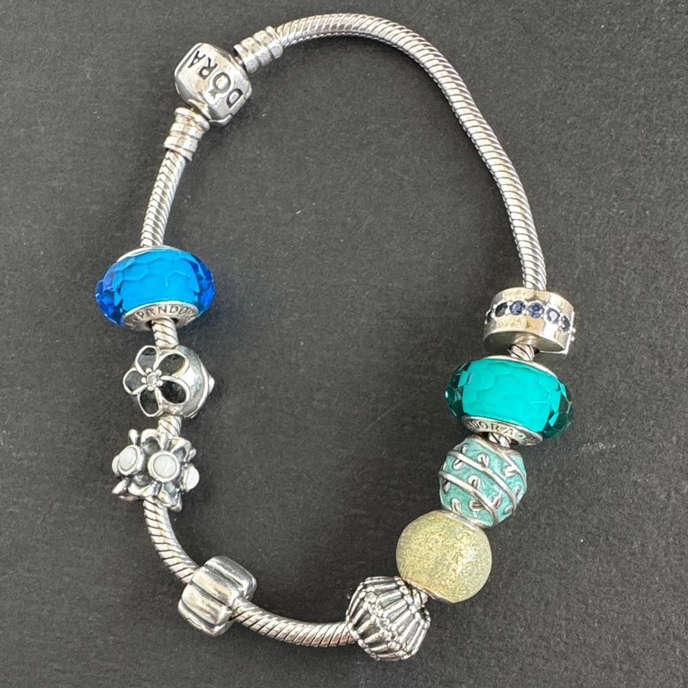 Authentic brand new Pandora Silver Bracelet with Blue and Teal Glass Charms ALE